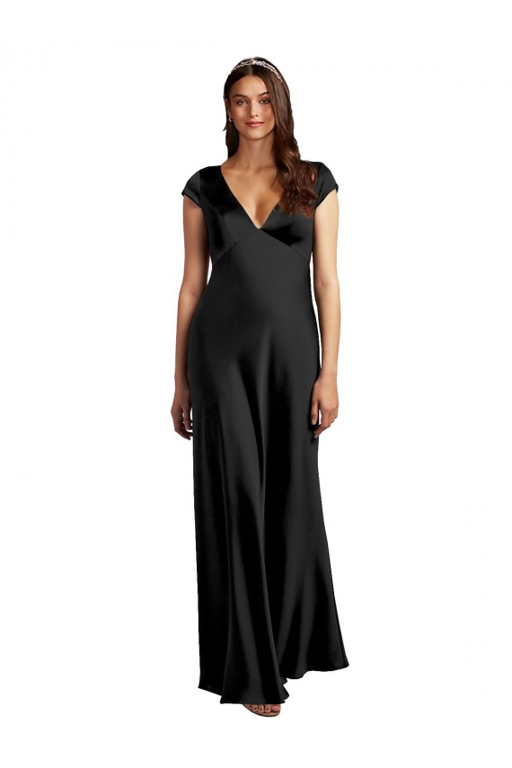 Negro línea A Cuello en V Satén elástico Largo Formales Vestidos de dama de honor / Vestidos de fiesta Outlet