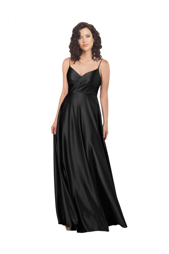 Negro línea A Cuello en V Satén sedoso Largo Formales Vestidos de dama de honor / Vestidos de fiesta Outlet