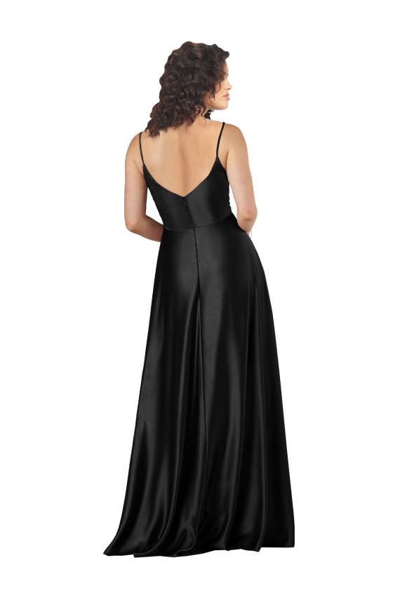 Negro línea A Cuello en V Satén sedoso Largo Formales Vestidos de dama de honor / Vestidos de fiesta Outlet