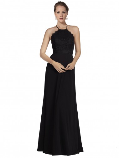 Negro línea A Halter Gasa Encaje Largo Vestidos de dama de honor Outlet