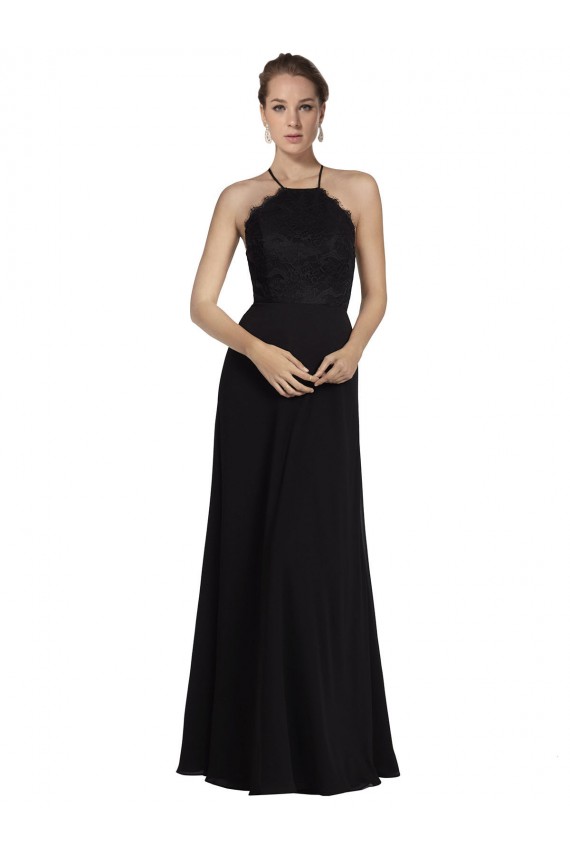 Negro línea A Halter Gasa Encaje Largo Vestidos de dama de honor Outlet