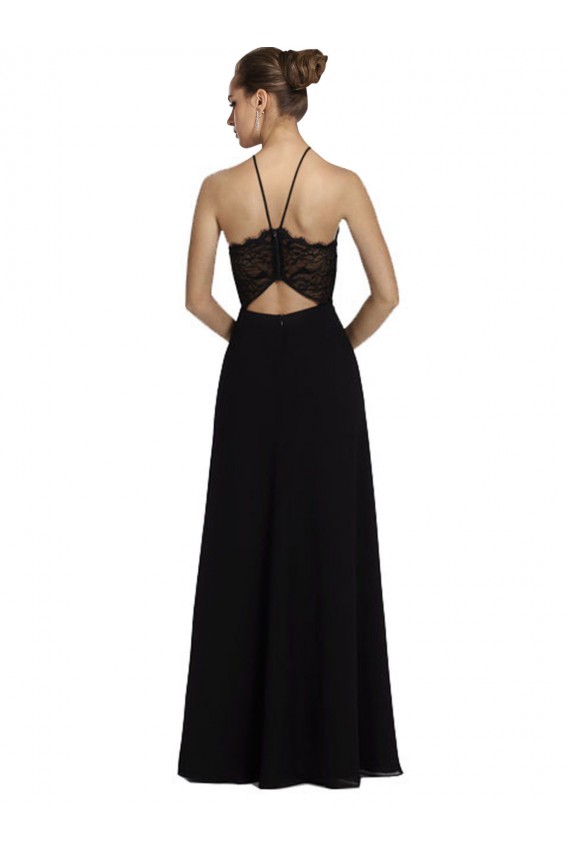 Negro línea A Halter Gasa Encaje Largo Vestidos de dama de honor Outlet