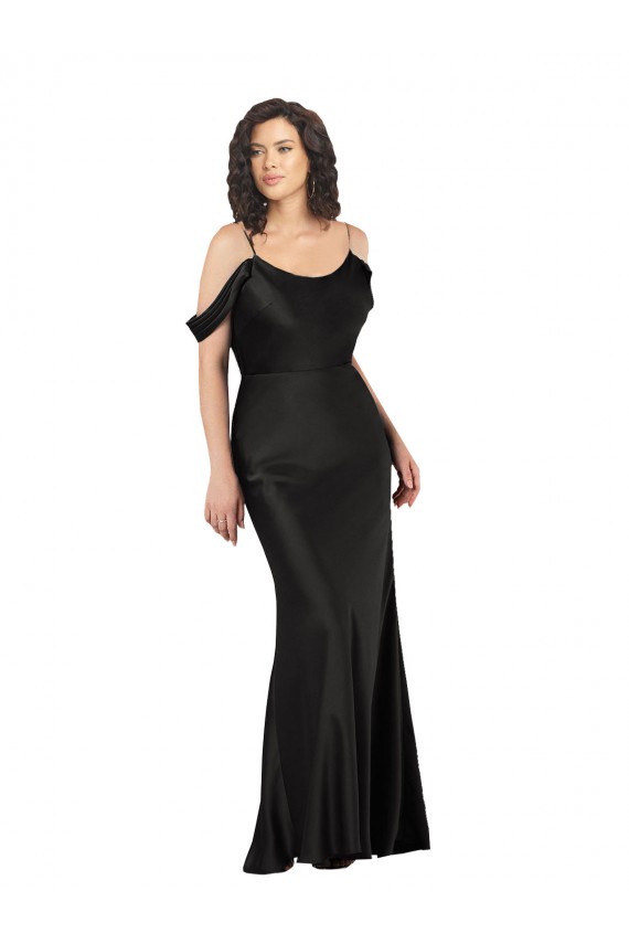 Negro línea A Hombros Descubiertos Satén sedoso Largo Formales Vestidos de dama de honor / Vestidos de fiesta Outlet