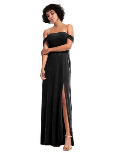 Negro línea A Hombros Descubiertos Sin tirantes Terciopelo Elástico Largo Formales Vestidos de dama de honor / Vestidos de fiesta Outlet