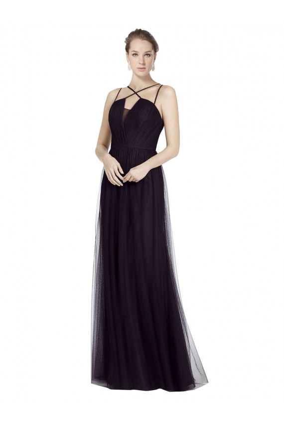 Negro línea A Tirantes espagueti Cuello Alto Tul Largo Vestidos de dama de honor Outlet