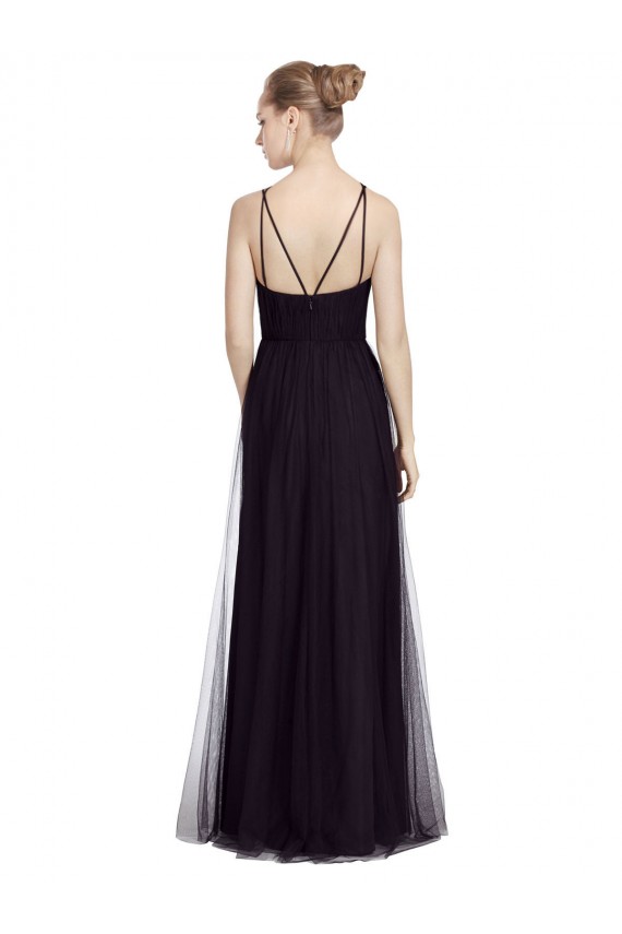 Negro línea A Tirantes espagueti Cuello Alto Tul Largo Vestidos de dama de honor Outlet