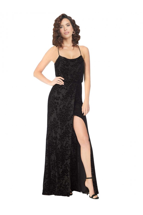 Negro línea A Tirantes espagueti Terciopelo floral Terciopelo Elástico Largo Vestidos de dama de honor Outlet