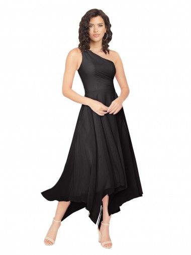 Negro línea A Un Hombre Sin tirantes Midi Gasa Corto Asimétrico Vestidos de dama de honor / Vestidos de cóctel / Vestidos para homecoming Outlet