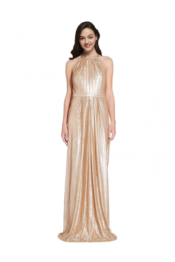 Oro Cubierta Halter Cuello Alto Lentejuela Largo Formales Vestidos de dama de honor / Vestidos de fiesta Outlet