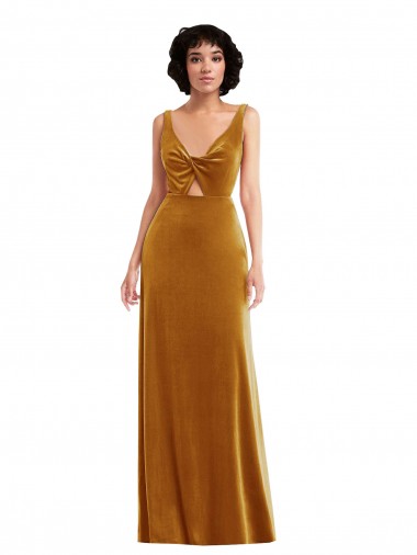 Oro Trompeta Cuello en V Terciopelo Elástico Largo Vestidos de dama de honor / Vestidos de fiesta Outlet