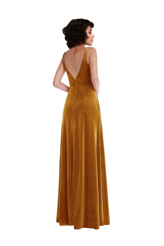 Oro Trompeta Cuello en V Terciopelo Elástico Largo Vestidos de dama de honor / Vestidos de fiesta Outlet