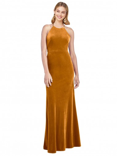 Oro línea A Halter Cuello Alto Terciopelo Elástico Largo Formales Vestidos de dama de honor / Vestidos de fiesta Outlet