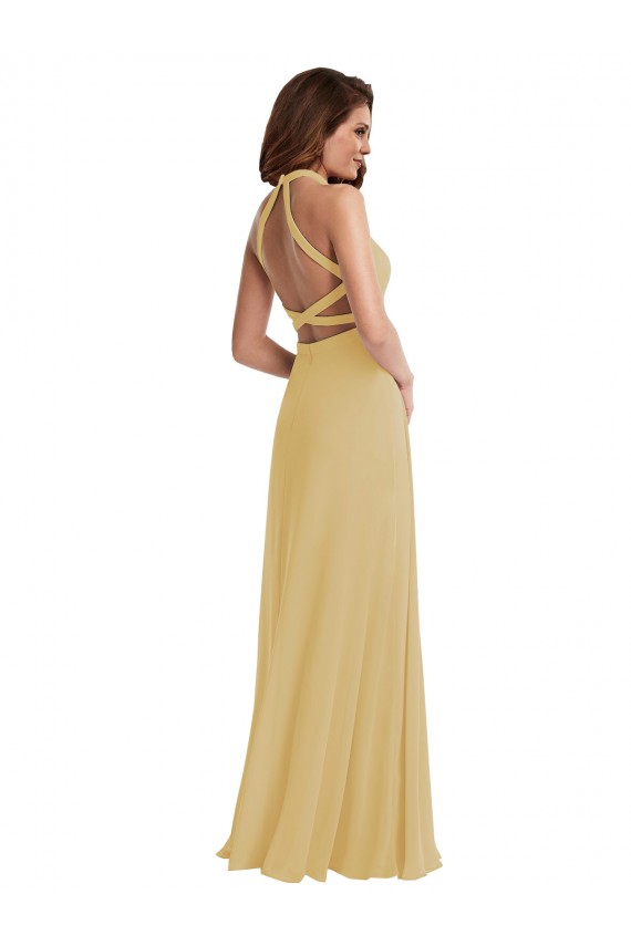 Oro línea A Halter Gasa Largo Vestidos de dama de honor Outlet