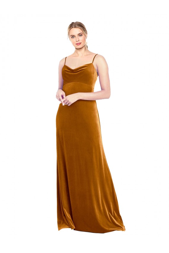 Oro línea A Tirantes espagueti Terciopelo Elástico Largo Vestidos de dama de honor / Vestidos de fiesta Outlet