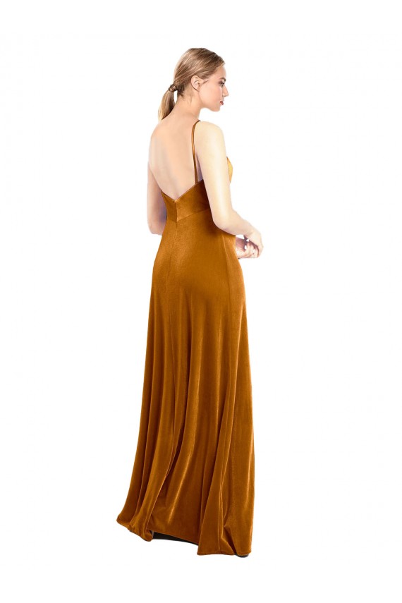 Oro línea A Tirantes espagueti Terciopelo Elástico Largo Vestidos de dama de honor / Vestidos de fiesta Outlet