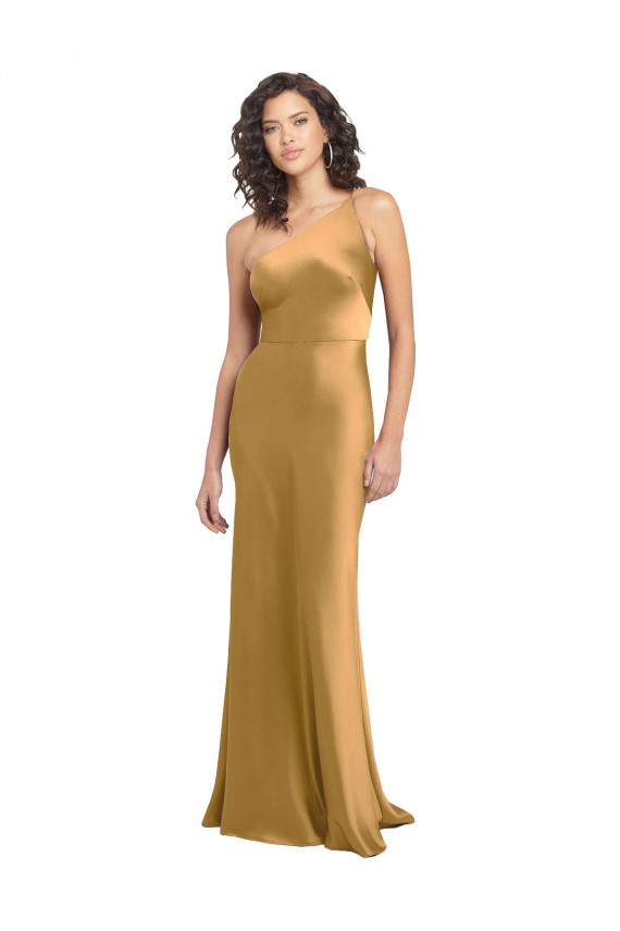Oro línea A Un Hombre Satén elástico Largo Formales Vestidos de dama de honor / Vestidos de fiesta Outlet