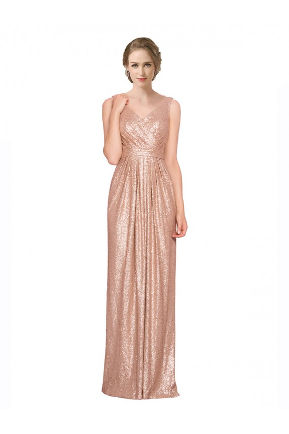 Oro rosa Cubierta Cuello en V Lentejuela Largo Formales Vestidos de dama de honor / Vestidos de fiesta Outlet