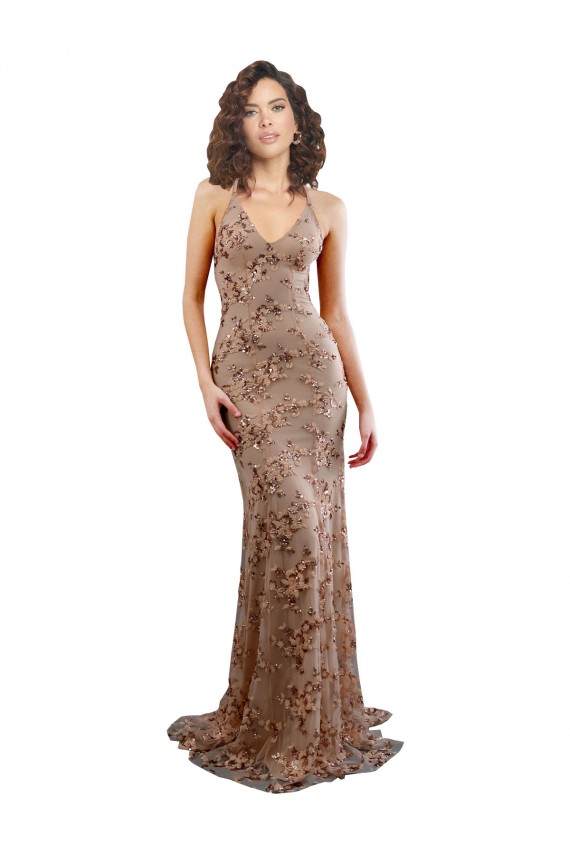 Oro rosa Sirena Cuello en V Cuello Alto Crepé Elástico Lentejuela Tul Largo Formales Vestidos de dama de honor / Vestidos de fiesta Outlet