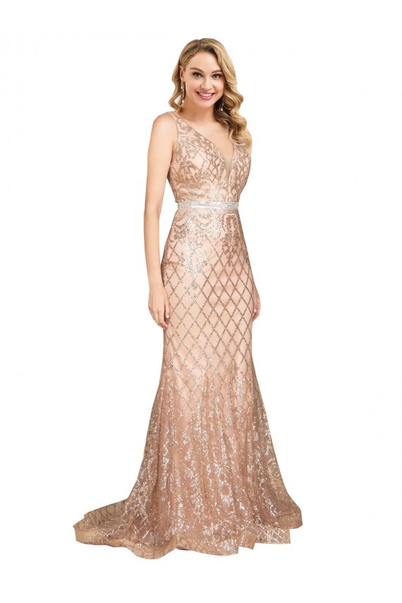 Oro rosa Sirena Cuello en V Lentejuela Lentejuelas brillantes Largo Formales Vestidos de dama de honor / Vestidos de fiesta Outlet
