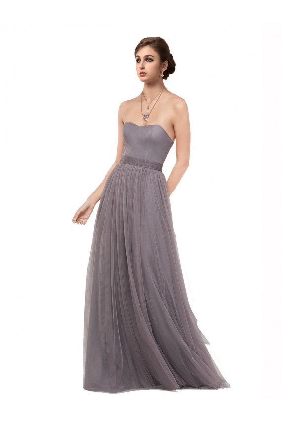 Pewter línea A Tirantes espagueti Tul Largo Vestidos de dama de honor Outlet