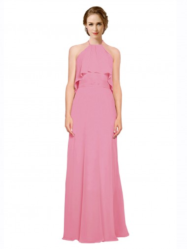 Piel rosa línea A Halter Cuello Alto Gasa Largo Vestidos de dama de honor Outlet