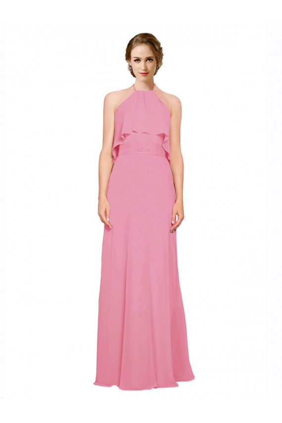 Piel rosa línea A Halter Cuello Alto Gasa Largo Vestidos de dama de honor Outlet