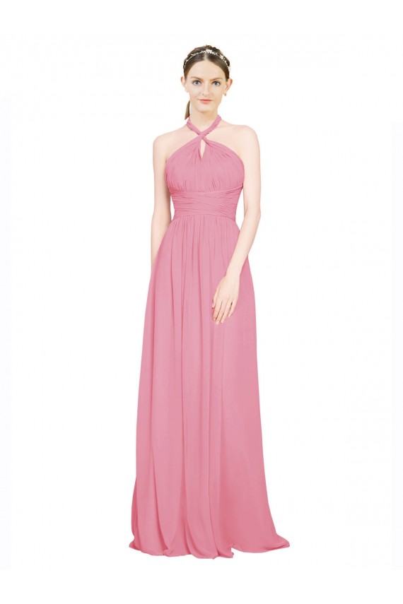 Piel rosa línea A Halter Cuello en V Gasa Largo Vestidos de dama de honor Outlet
