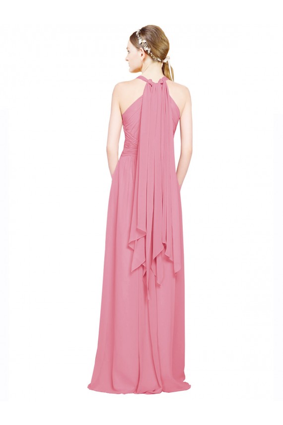 Piel rosa línea A Halter Cuello en V Gasa Largo Vestidos de dama de honor Outlet