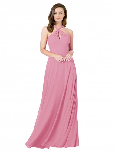 Piel rosa línea A Halter Gasa Largo Vestidos de dama de honor / Vestidos de fiesta Outlet