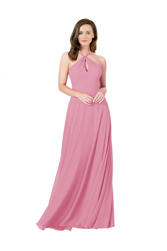 Piel rosa línea A Halter Gasa Largo Vestidos de dama de honor / Vestidos de fiesta Outlet