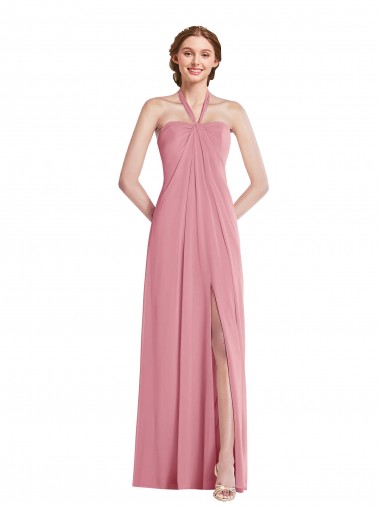 Piel rosa línea A Halter Gasa Largo Vestidos de dama de honor Outlet