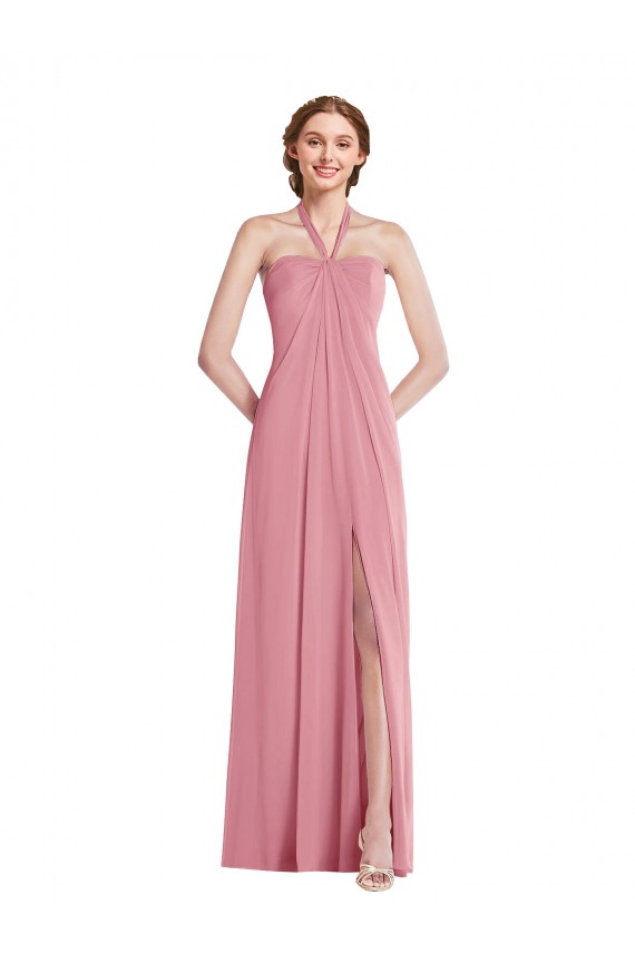 Piel rosa línea A Halter Gasa Largo Vestidos de dama de honor Outlet