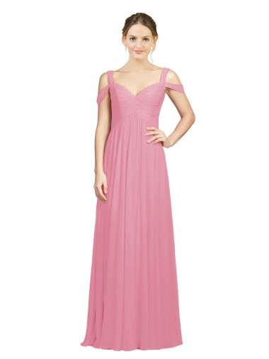 Piel rosa línea A Hombros Descubiertos Gasa Largo Vestidos de dama de honor Outlet