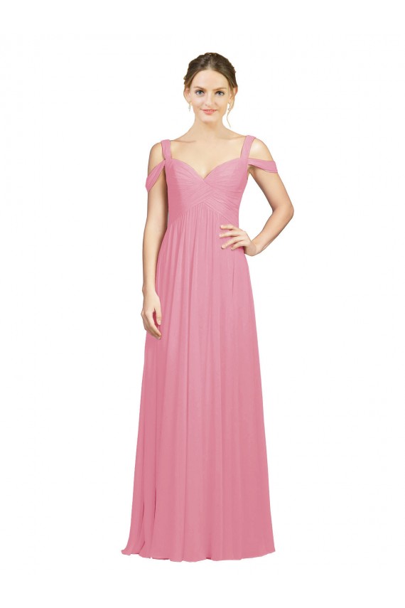 Piel rosa línea A Hombros Descubiertos Gasa Largo Vestidos de dama de honor Outlet