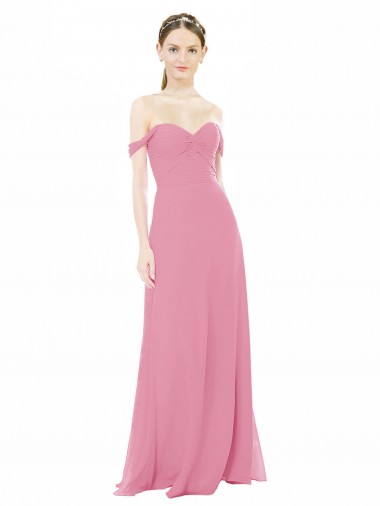 Piel rosa línea A Hombros Descubiertos Gasa Largo Vestidos de dama de honor Outlet