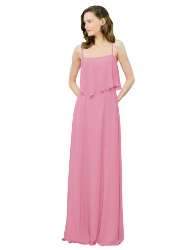 Piel rosa línea A Tirantes espagueti Gasa Largo Vestidos de dama de honor Outlet