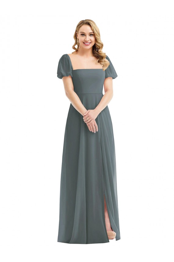 Pizarra gris línea A Cuadrado Gasa Largo Vestidos de dama de honor Outlet