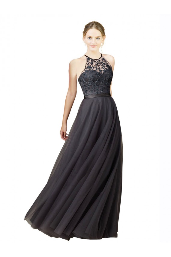 Pizarra gris línea A Cuello de Corazón Tul Encaje Largo Vestidos de dama de honor Outlet