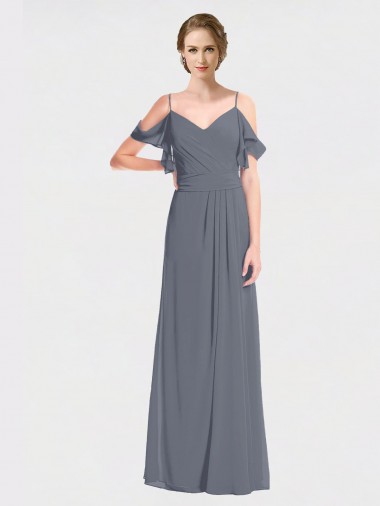 Pizarra gris línea A Hombros Descubiertos Cuello en V Gasa Largo Vestidos de dama de honor Outlet