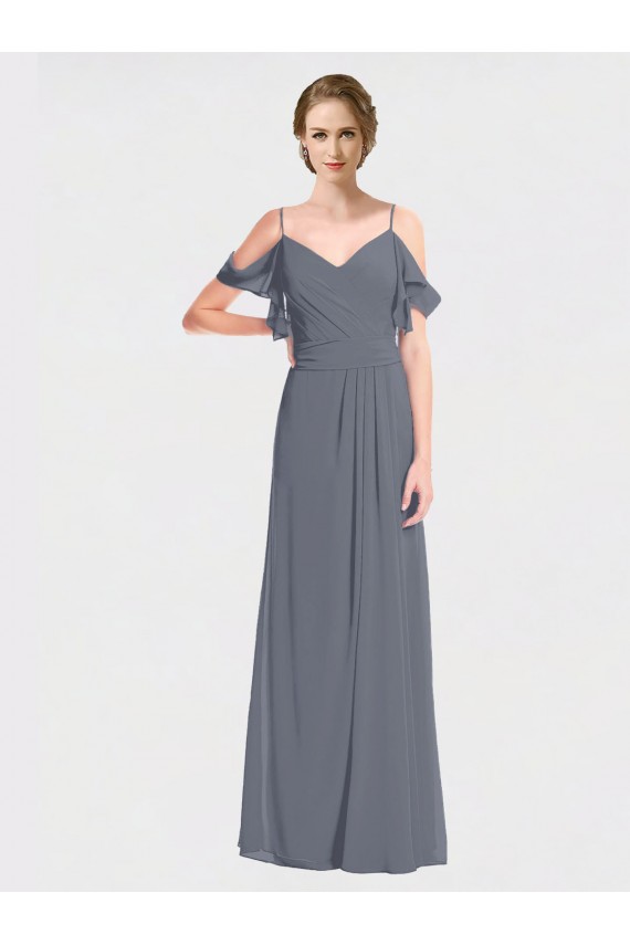 Pizarra gris línea A Hombros Descubiertos Cuello en V Gasa Largo Vestidos de dama de honor Outlet