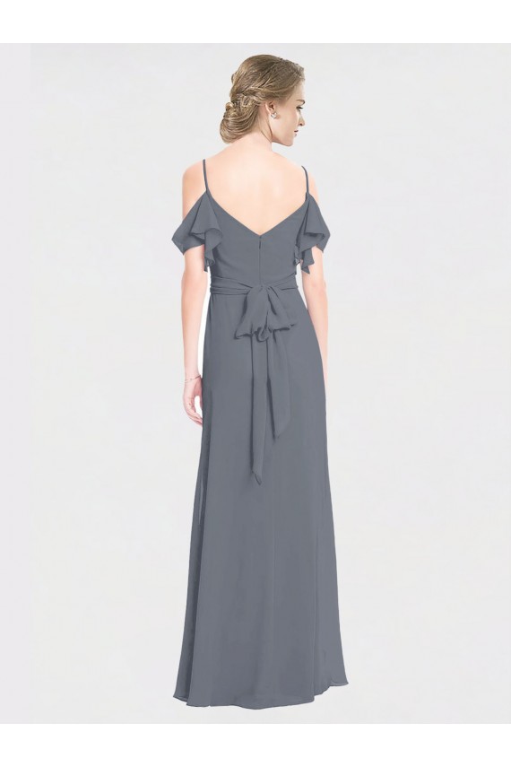 Pizarra gris línea A Hombros Descubiertos Cuello en V Gasa Largo Vestidos de dama de honor Outlet