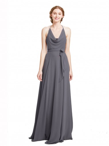Pizarra gris línea A Tirantes espagueti Halter Gasa Largo Vestidos de dama de honor Outlet