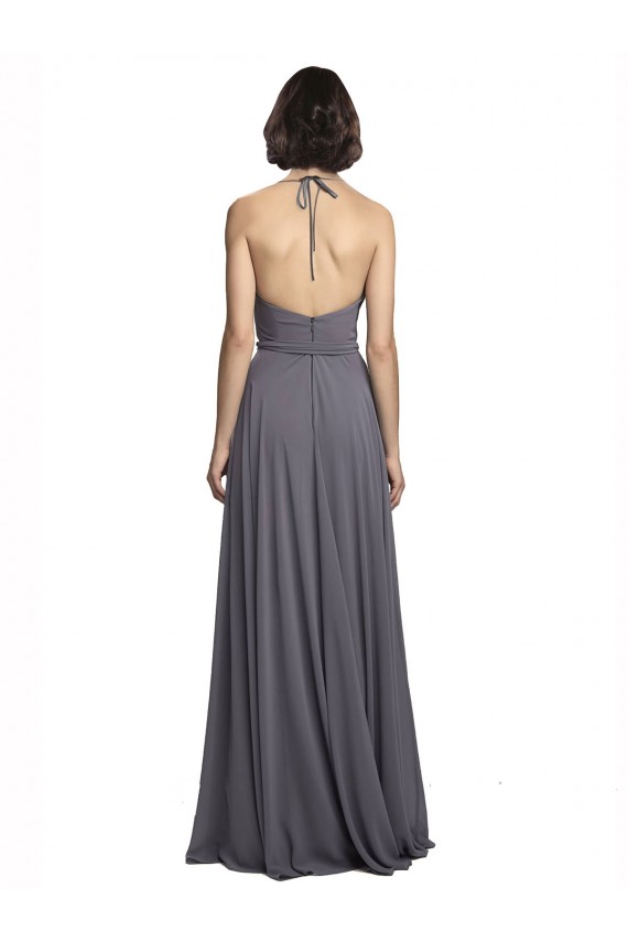 Pizarra gris línea A Tirantes espagueti Halter Gasa Largo Vestidos de dama de honor Outlet
