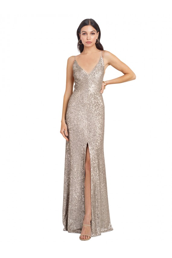 Plata Cubierta Cuello en V Cuello Alto Lentejuela Lentejuelas brillantes Largo Formales Vestidos de dama de honor / Vestidos de fiesta Outlet