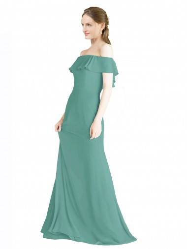 Plata islandesa línea A Hombros Descubiertos Gasa Largo Vestidos de dama de honor Outlet
