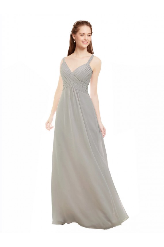 Plata línea A Tirantes espagueti Cuello en V Gasa Largo Vestidos de dama de honor Outlet