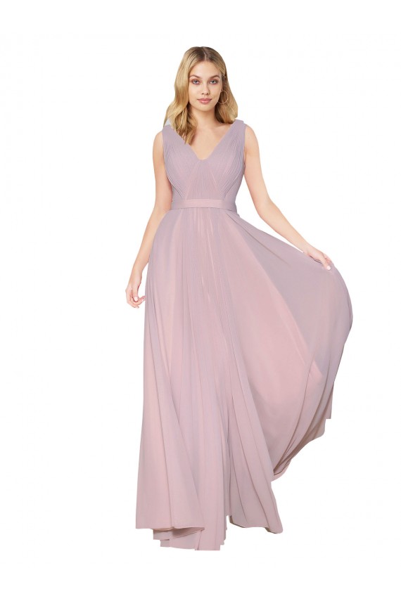 Primavera línea A Cuello en V Cuello Alto Gasa Largo Formales Vestidos de dama de honor / Vestidos de fiesta Outlet