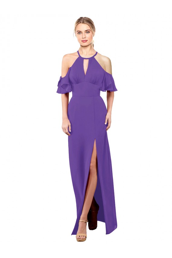 Púrpura línea A Halter Gasa Largo Vestidos de dama de honor Outlet