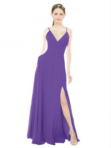 Púrpura línea A Tirantes espagueti Cuello en V Gasa Largo Vestidos de dama de honor Outlet