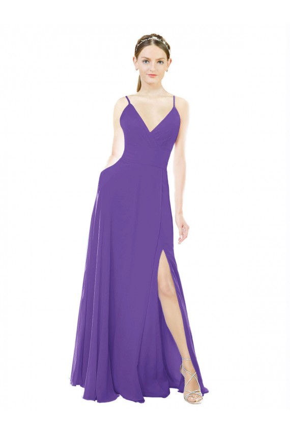 Púrpura línea A Tirantes espagueti Cuello en V Gasa Largo Vestidos de dama de honor Outlet